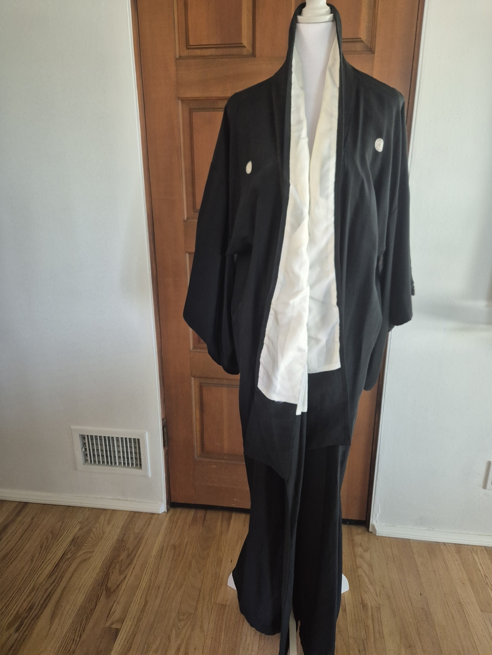 Floor Length Antique Hand Sewn Black Kimono Robe with White Inner Panel